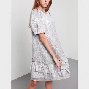 Machka Silver Jacquard Puff Balloon Sleeve Ruffle Dress Size 36